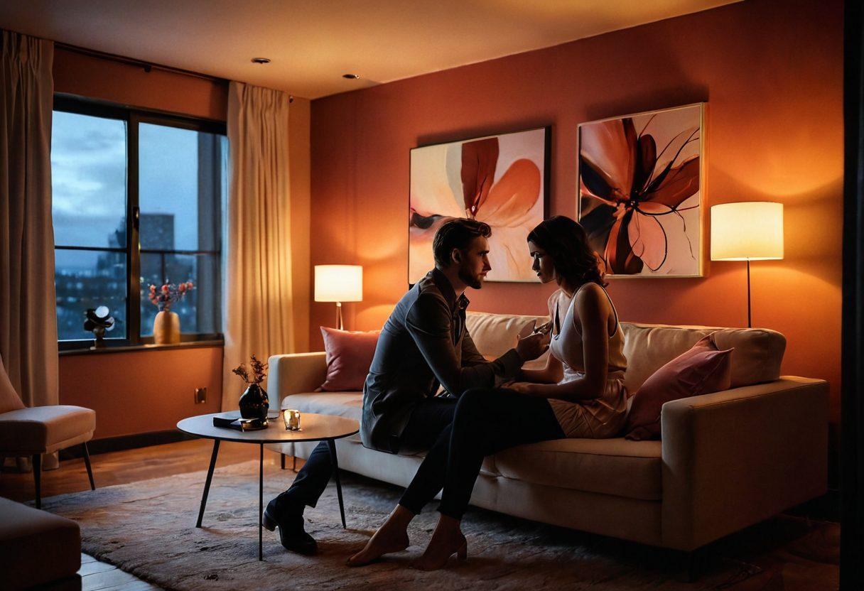 A captivating scene depicting a passionate moment between two individuals in a stylish modern living room, surrounded by soft ambient lighting. The couple, with genuine expressions, embody a transition from lust to deeper emotions, showcasing a blend of intimacy and connection. Subtle symbols of filmmaking, like a camera and script, are tastefully integrated into the background to reflect the adult film context. Soft, warm color palette with romantic undertones. super-realistic. vibrant colors.